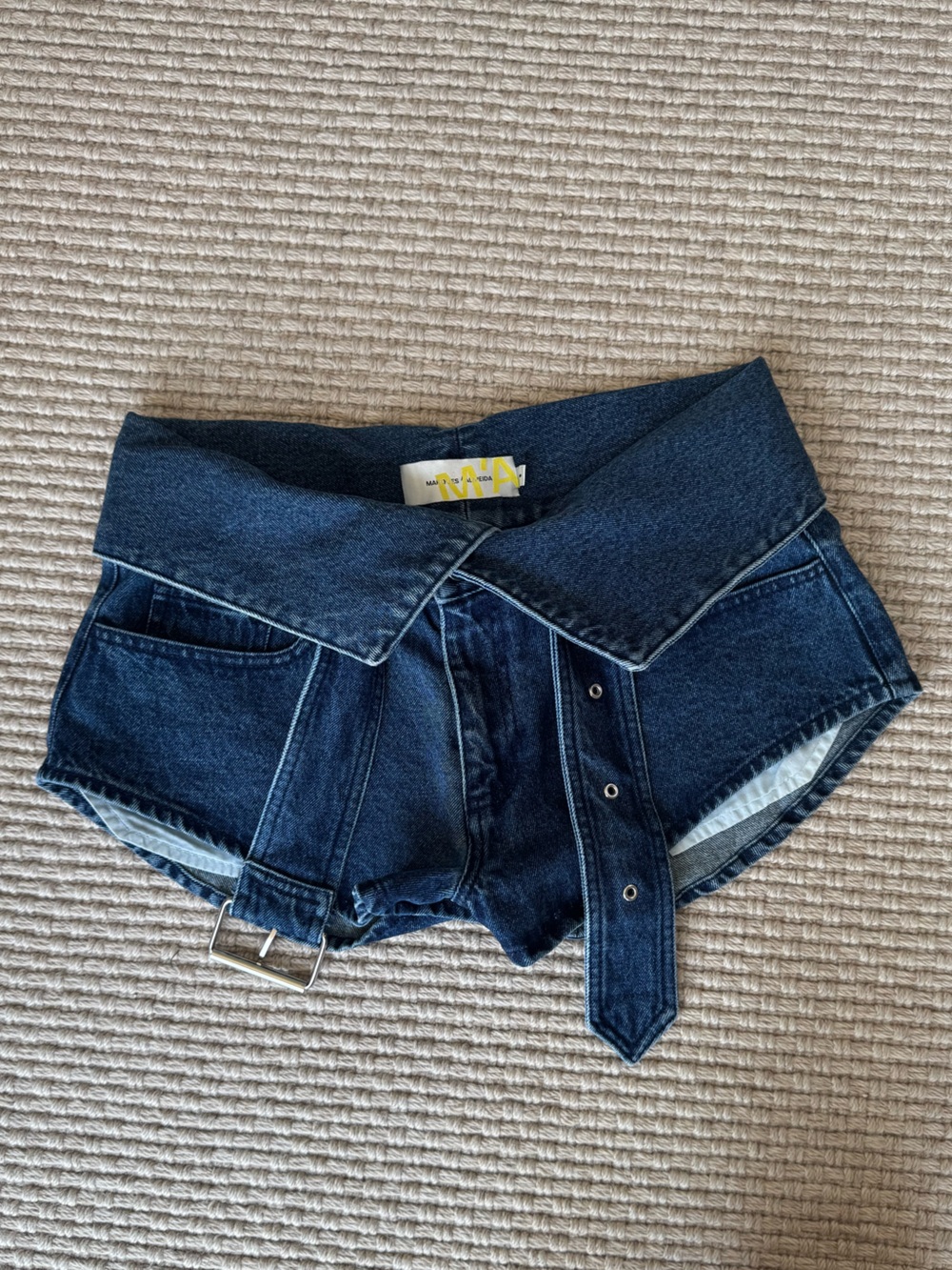 Marques’ Almeida Belted Fold-over Dark Blue Denim shorts